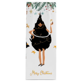 黒いクリスマスツリーに身を包んだ黒人女性パーティー ワインギフトバッグ