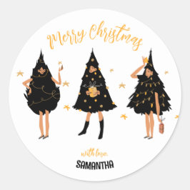 黒いクリスマスツリーの女性 ラウンドシール