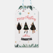 黒いクリスマスツリーを着た女性 ギフトタグ (正面)