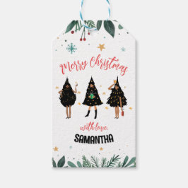 黒いクリスマスツリーを着た女性 ギフトタグ
