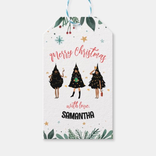 黒いクリスマスツリーを着た女性 ギフトタグ (正面)