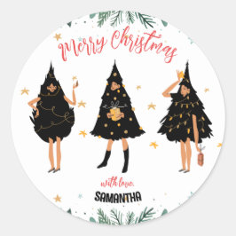 黒いクリスマスツリーを着た女性 ラウンドシール