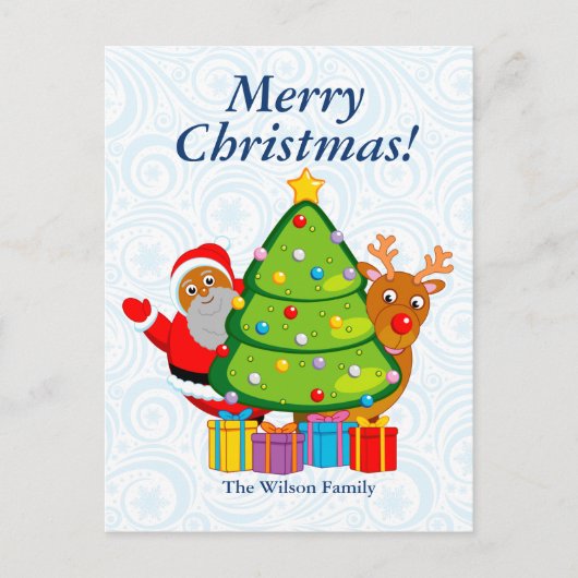 黒いクリスマスツリー、サンタクロース&ルドルフ。 シーズンポストカード (正面)