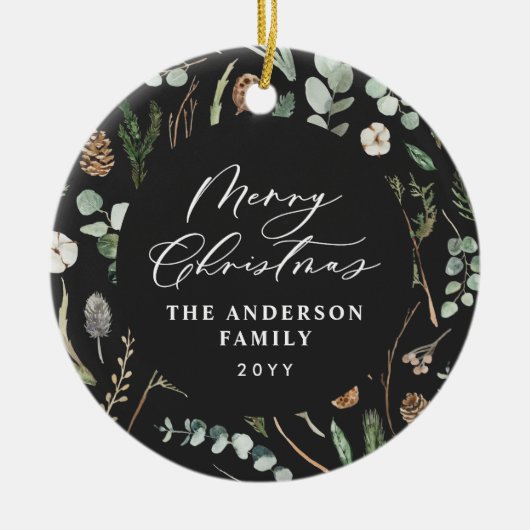 黒いクリスマスミニマルのエレガント植物写真 セラミックオーナメント (正面)