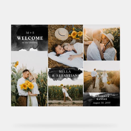 黒いクリーンモダンイニシャルと5枚の写真へようこそ アクリルサイン (正面)