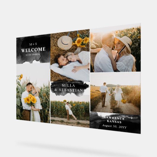 黒いクリーンモダンイニシャルと5枚の写真へようこそ アクリルサイン (傾斜)