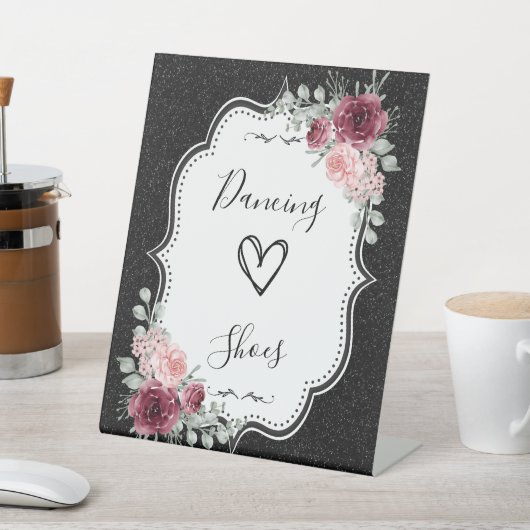 黒いグリッターとフローラフリップフロップ記号 台座サイン (インサイチュ)