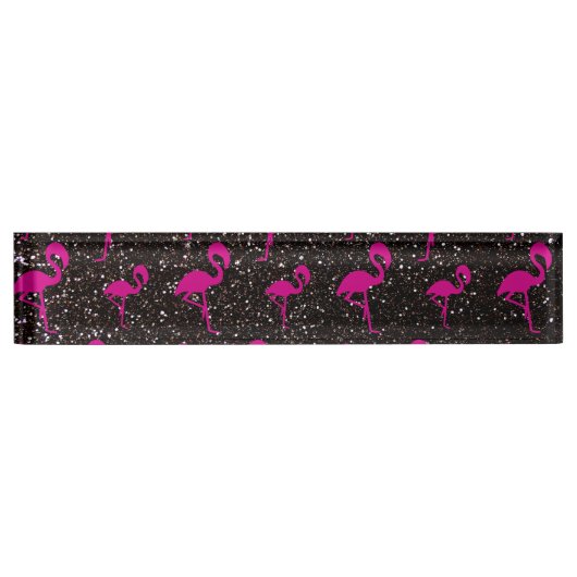 黒いグリッターのピンクのフラミンゴ デスクネームプレート (正面)