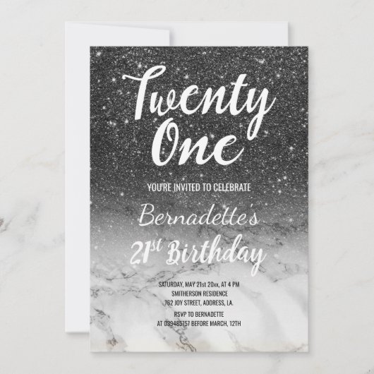 黒いグリッターモダンの大理石グラデーション21歳 招待状 (正面)