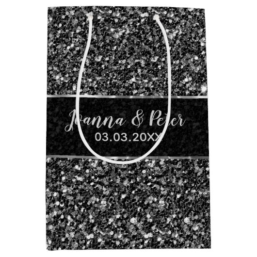 黒いグリッター – 日付を保存 ミディアムペーパーバッグ (正面)