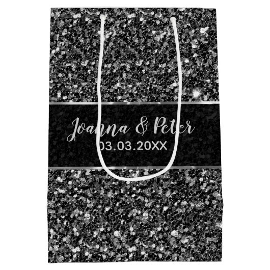 黒いグリッター – 日付を保存 ミディアムペーパーバッグ (裏面)