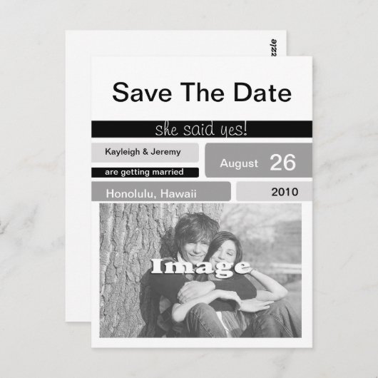 黒いグレーと白の写真の日付を保存 ポストカード (正面/裏面)