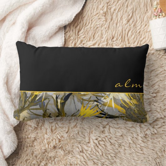 黒いグレーと黄色の芸術的フローラ |モノグラム ランバークッション (ブランケット)