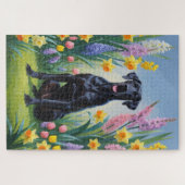黒いグレートデーンの犬の春の花の絵 ジグソーパズル (横)