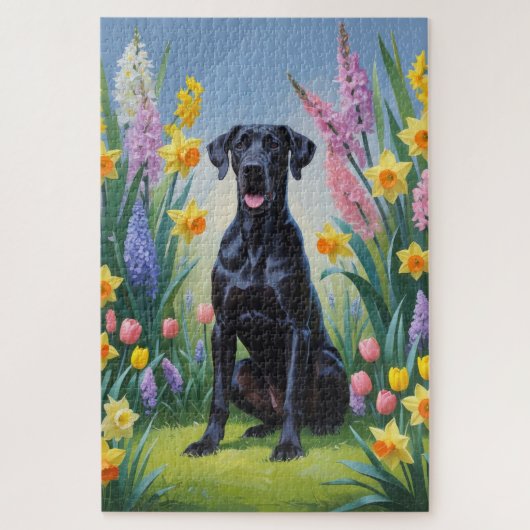 黒いグレートデーンの犬の春の花の絵 ジグソーパズル (縦)