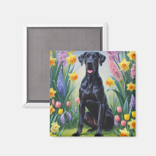 黒いグレートデーンの犬の春の花の絵 マグネット (正面/裏面)