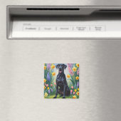 黒いグレートデーンの犬の春の花の絵 マグネット (インサイチュ (食洗機))