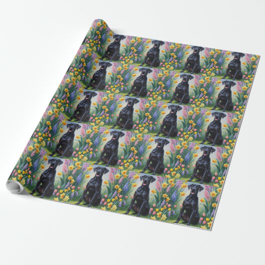 黒いグレートデーンの犬 春の花の絵 ラッピングペーパー (アンロールド)