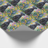 黒いグレートデーンの犬 春の花の絵 ラッピングペーパー (角)