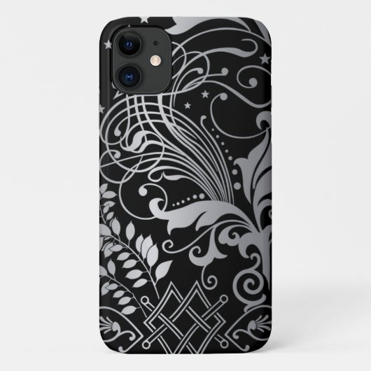 黒いケースメイトiP上の灰色の渦巻くダマスクパターン Case-Mate iPhoneケース (裏面)