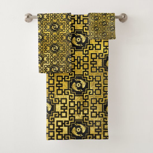 黒いコイの魚パターンの贅沢な東洋の金ゴールド バスタオルセット (インサイチュ)
