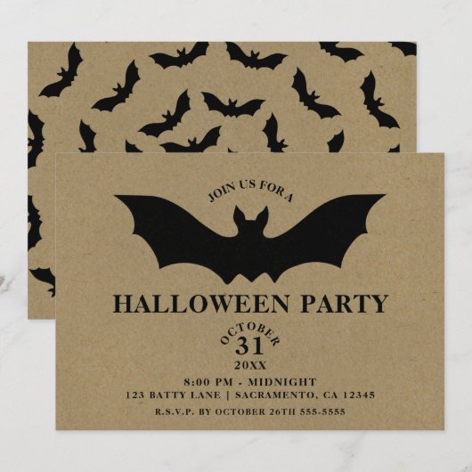 黒いコウモリの風合いあるクラフト紙のハロウィンパーティー 招待状 (正面/裏面)