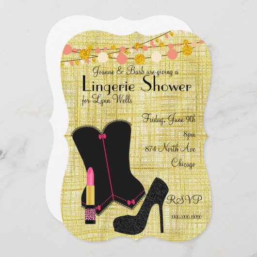 黒いコルセットの下着パーティーと金ゴールド 招待状 (正面/裏面)