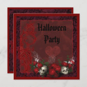 黒いゴシック様式スカル及びバラ及び赤いハロウィン 招待状 (正面/裏面)