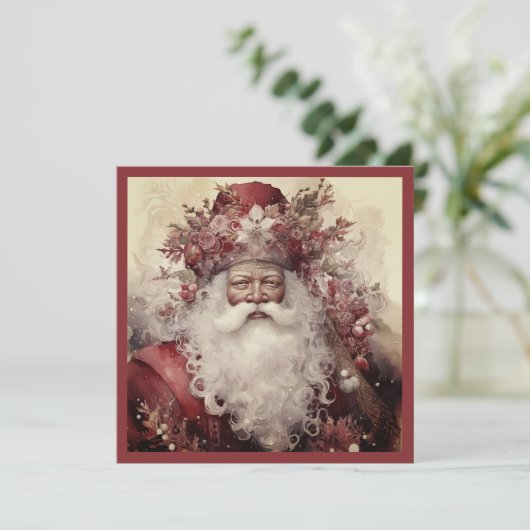 黒いサンタがロココ調の赤とピンクの花と緑に囲まれる シーズンカード (スタンド正面)
