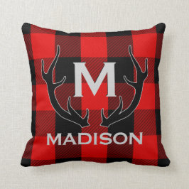 黒いシカの(雄ジカの)枝角のモノグラムの赤いバッファローの点検 クッション