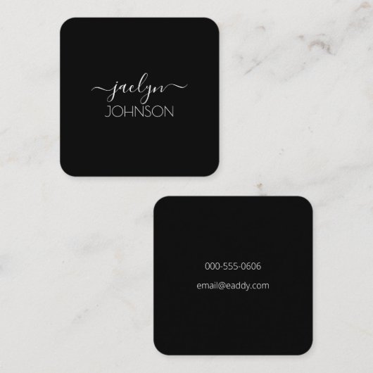 黒いシックエレガントな白のスクリプパーソナライズされたト名 スクエア名刺 (正面/裏面)