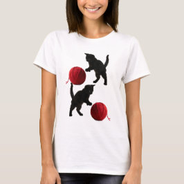 黒いシルエットの子猫と赤い毛糸のボール Tシャツ