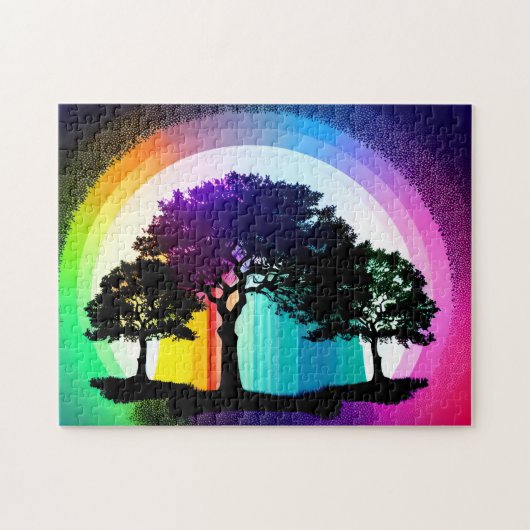 黒いシルエットの木と虹の背景 ジグソーパズル (横)