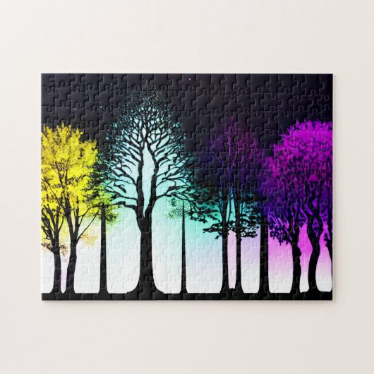 黒いシルエットの木に黄色の紫と青 ジグソーパズル (横)