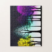黒いシルエットの木に黄色の紫と青 ジグソーパズル (縦)