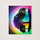 黒いシルエットの木（虹の背景） ジグソーパズル (縦)