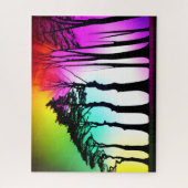 黒いシルエットの木（虹の背景） ジグソーパズル (縦)