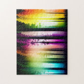 黒いシルエットの森に虹の色の霧 ジグソーパズル (縦)