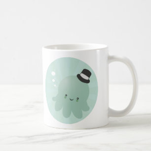 黒いシルクハットを身に着けているかわいく小さいタコ コーヒーマグカップ