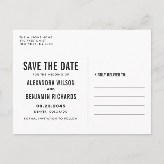 黒いシンプルタイポグラフィ日付はがきを保存 案内ポストカード (裏面)