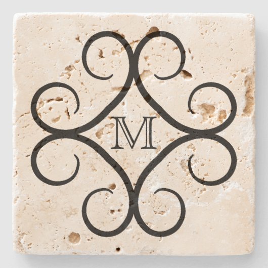 黒いシンプル渦巻きモノグラム ストーンコースター (正面)