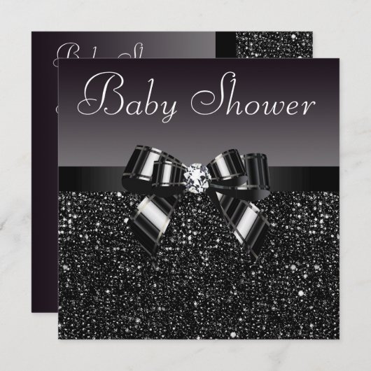 黒いシークイン、ボウ&ダイヤモンドのベビーシャワー 招待状 (正面/裏面)