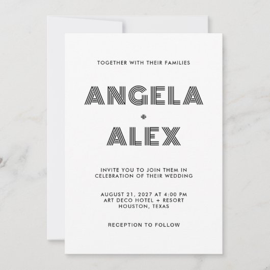 黒いジオメトリック結婚レトロ名 招待状 (正面)