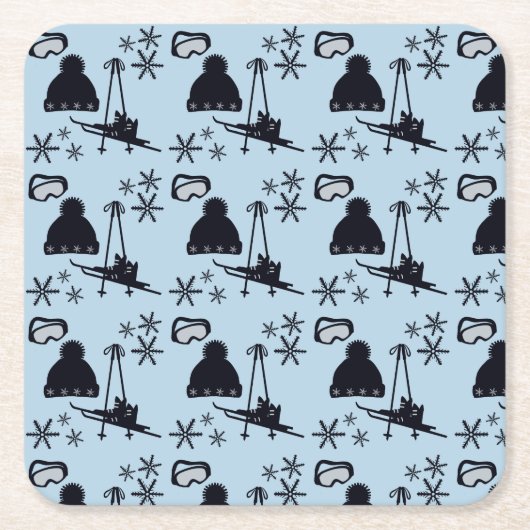 黒いスキー用具とブルースノーフレーク スクエアペーパーコースター (正面)