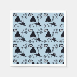 黒いスキー用具とブルースノーフレーク スタンダードカクテルナプキン