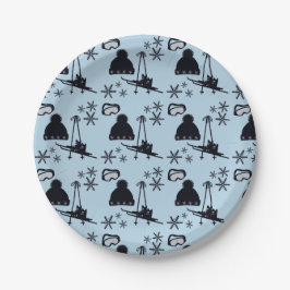 黒いスキー用具とブルースノーフレーク ペーパープレート