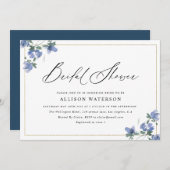 黒いスクリエレガントプトブルーフローラブライダルシャワー 招待状 (正面/裏面)