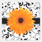 黒いスクロールデザインのシールを持つオレンジガーベラのデイジー スクエアシール (正面)