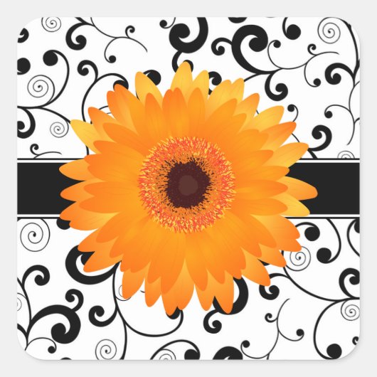 黒いスクロールデザインのシールを持つオレンジガーベラのデイジー スクエアシール (正面)