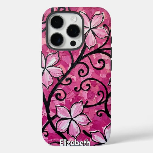 黒いスクロールワークに彫刻されたピンクの花 Case-Mate iPhoneケース (裏面)